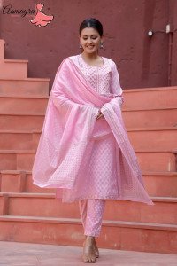 Light Pink Straight Kurti With Pant And Shawl Set For Women
