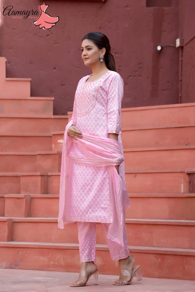 Light Pink Straight Kurti With Pant And Shawl Set For Women