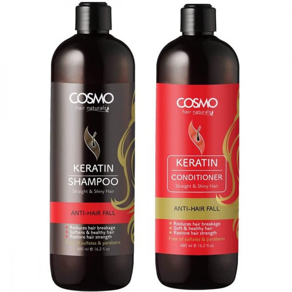 COSMO Keratin Anti Hairfall Shampoo and Conditioner Set Paraben and Sulphate Free 480ml*2- Made in Dubai- NS Suppliers