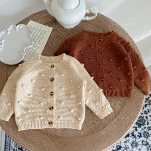 0-3y Toddler Girl Handmade Ball Decorate Cardigan Simple Solid Sweater Coat Baby Girls Casual Knitting Single Breasted Sweaters