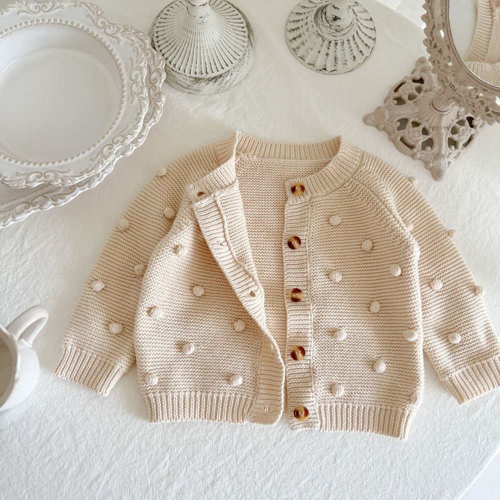0-3y Toddler Girl Handmade Ball Decorate Cardigan Simple Solid Sweater Coat Baby Girls Casual Knitting Single Breasted Sweaters
