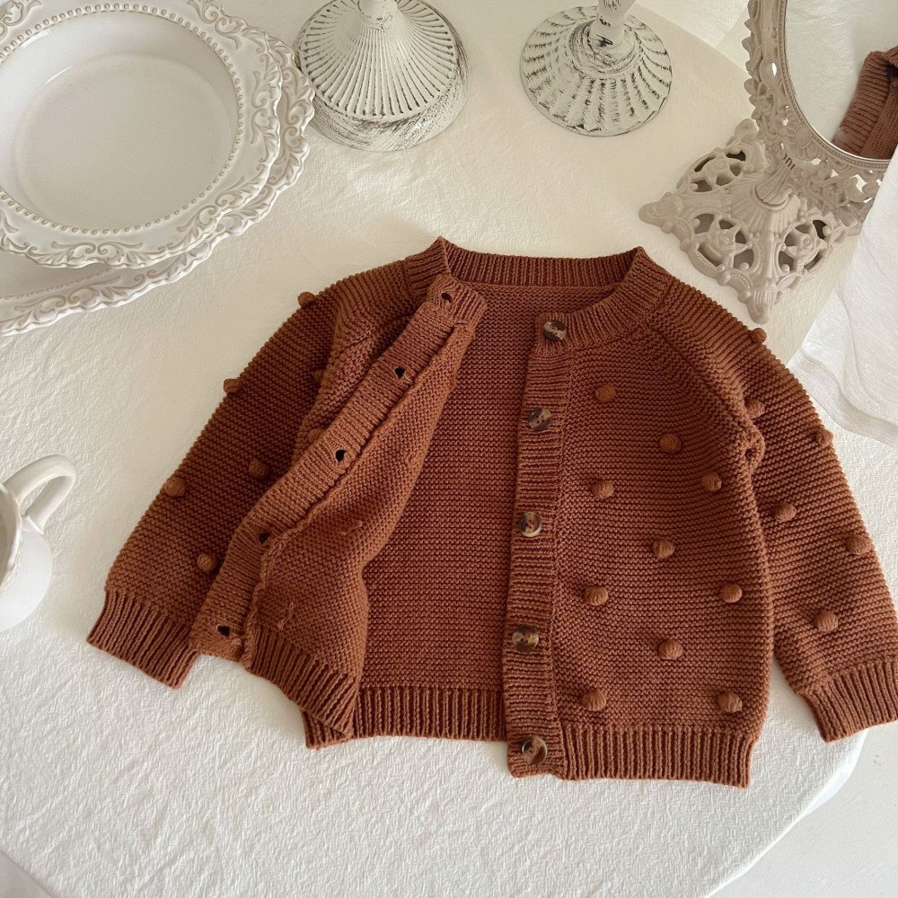 0-3y Toddler Girl Handmade Ball Decorate Cardigan Simple Solid Sweater Coat Baby Girls Casual Knitting Single Breasted Sweaters