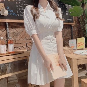 Korean Chic Summer French Temperament Lapel Salty Sweet Waist Hugging Lace-up Pleated Shirt Dress Short Skirt for Women