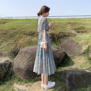 Korean Chiffon Aesthetic 2022 Floral Loose Casual Summer Light Dress Fashion Midi Tunics Women's Dresses Elegant Blue Vintage