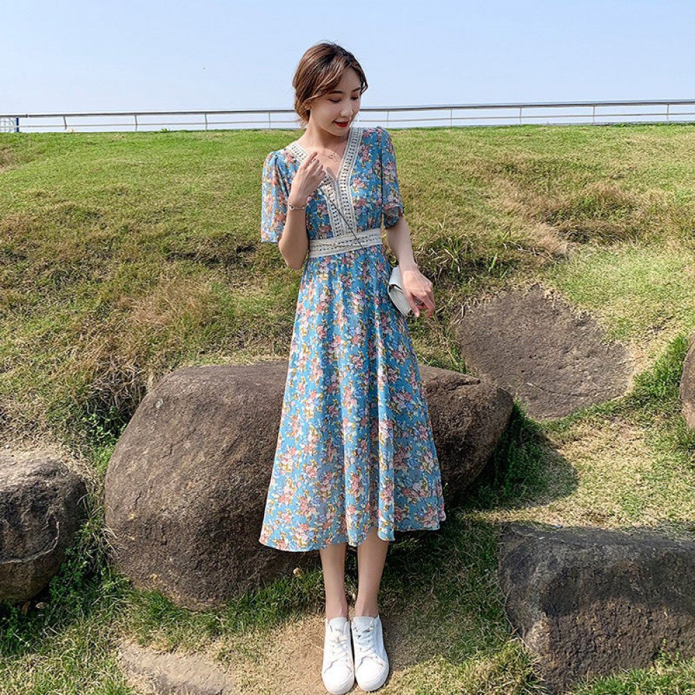 Korean Chiffon Aesthetic 2022 Floral Loose Casual Summer Light Dress Fashion Midi Tunics Women's Dresses Elegant Blue Vintage
