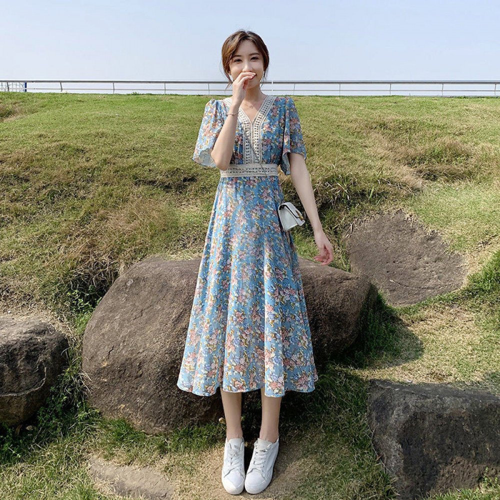 Korean Chiffon Aesthetic 2022 Floral Loose Casual Summer Light Dress Fashion Midi Tunics Women's Dresses Elegant Blue Vintage